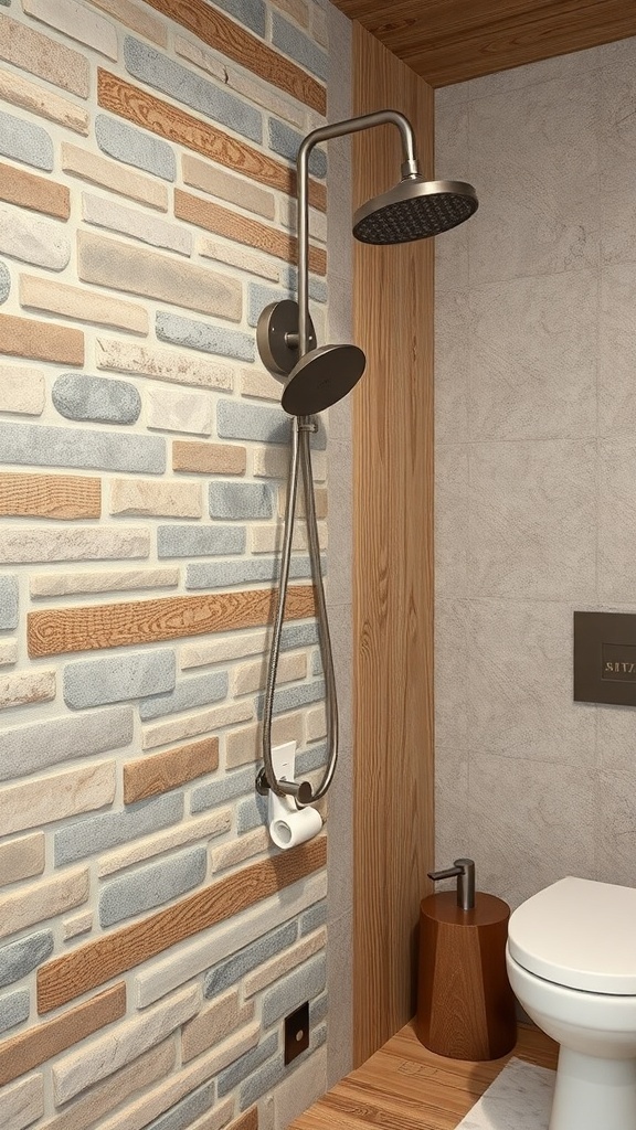 A modern rustic bathroom featuring textured wall finishes with wood and stone elements.