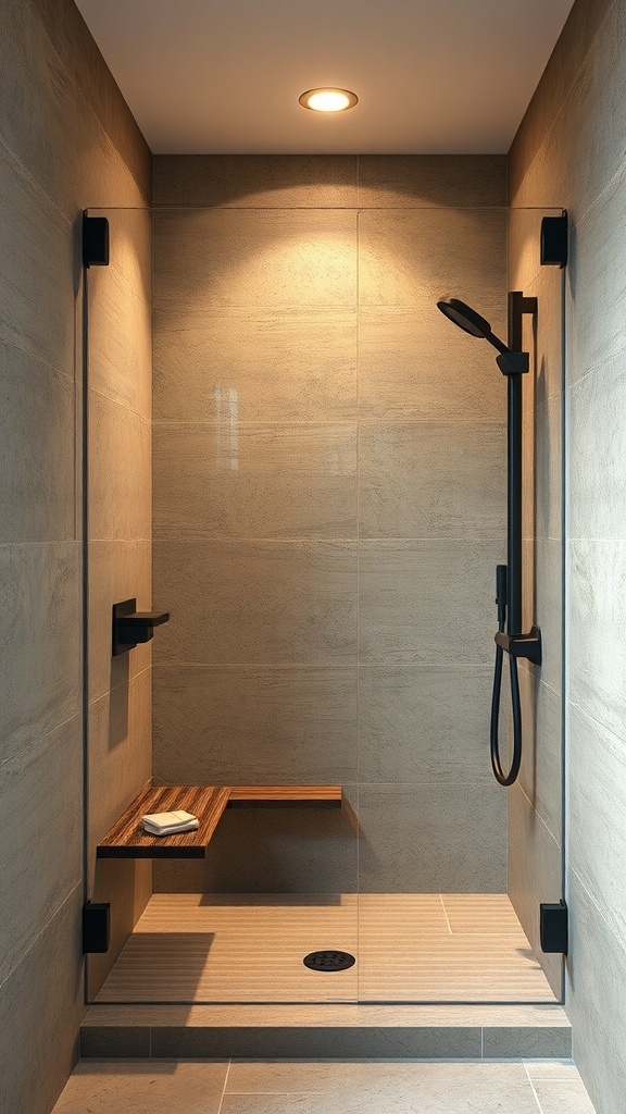 A rustic walk-in shower with textured wall finishes and wooden accents.