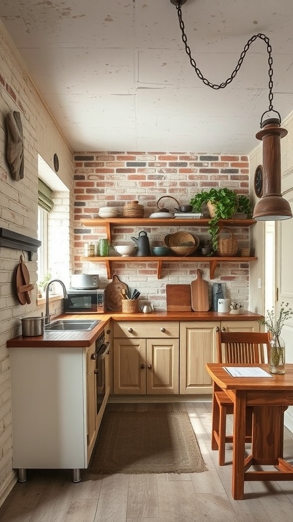 A small rustic kitchen featuring textured wall finishes with exposed brick and wooden elements.