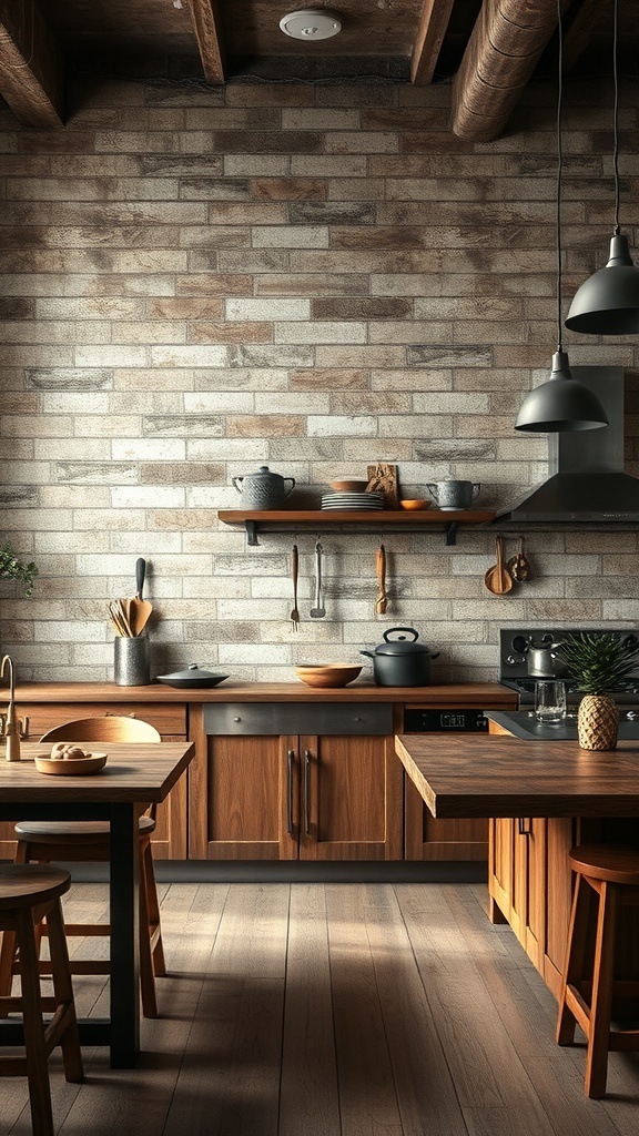 A rustic kitchen with textured brick walls and wooden cabinets.
