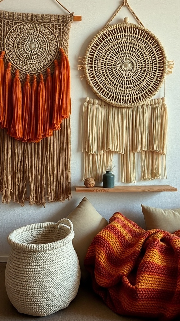 Two textured wall hangings with tassels and a cozy blanket and basket in a warm setting.