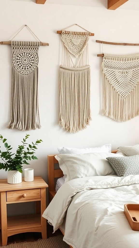 Cozy farmhouse bedroom with textured wall hangings