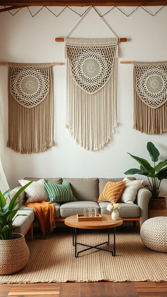 A cozy living room featuring textured wall hangings, a comfortable sofa, and natural elements.