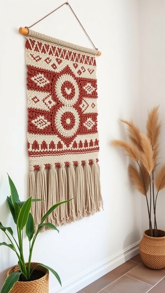 A macramé wall hanging with intricate patterns and fringe, displayed on a light wall with decorative plants nearby.
