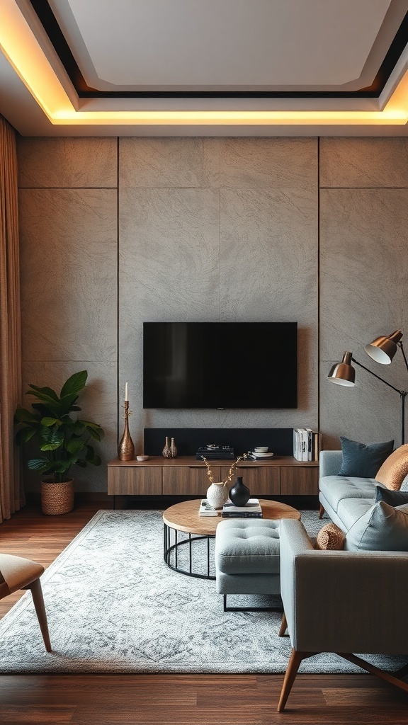 A modern living room featuring textured wall panels, a cozy couch, and decorative elements.