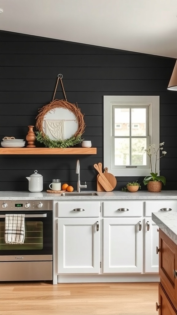 A black farmhouse kitchen featuring textured wall panels and a cozy layout.