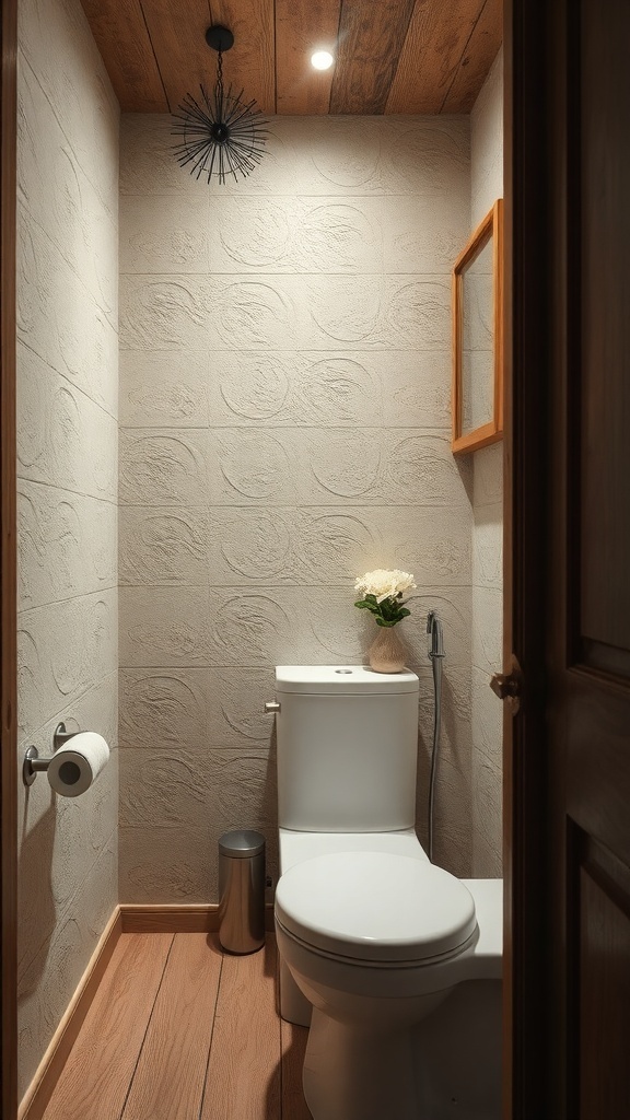 Small rustic bathroom with textured wall panels and wooden ceiling.