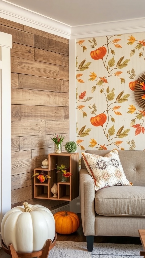 A room corner with a brown wall and autumn-themed wallpaper featuring leaves and flowers.