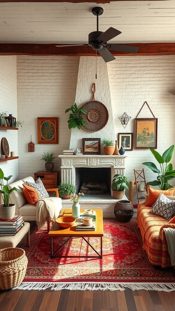 A cozy boho farmhouse living room featuring textured walls, wooden furniture, and greenery.
