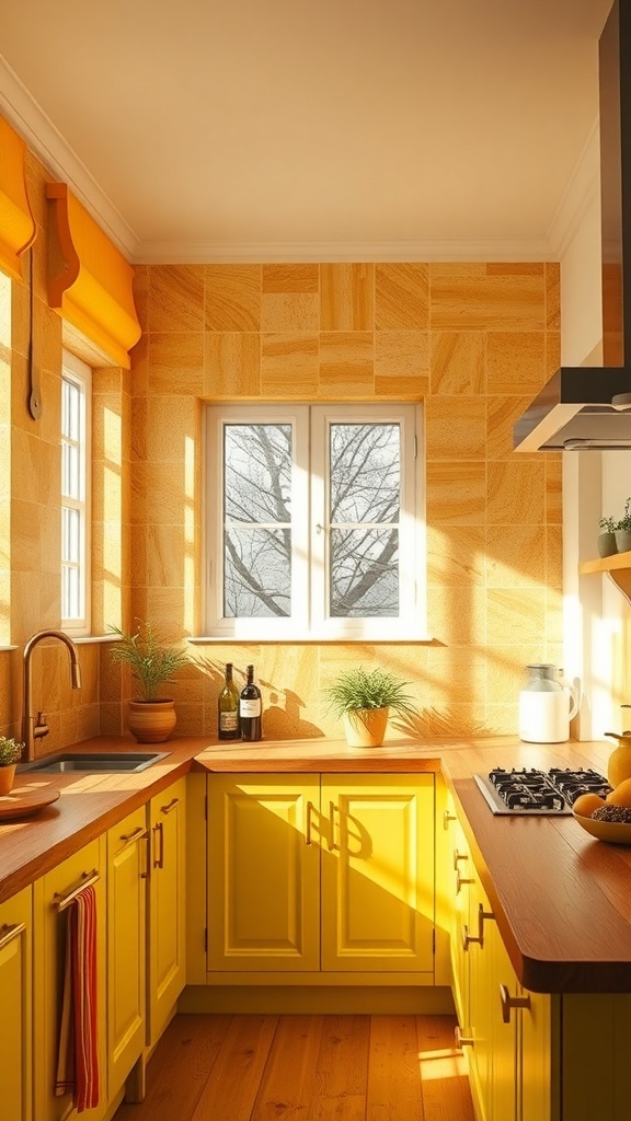 Textured yellow wall in a farmhouse kitchen with various designs and patterns.