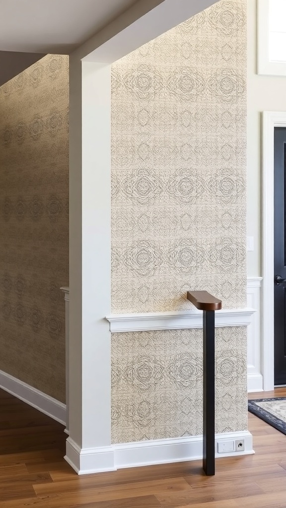 A modern farmhouse staircase with textured walls and wooden steps.