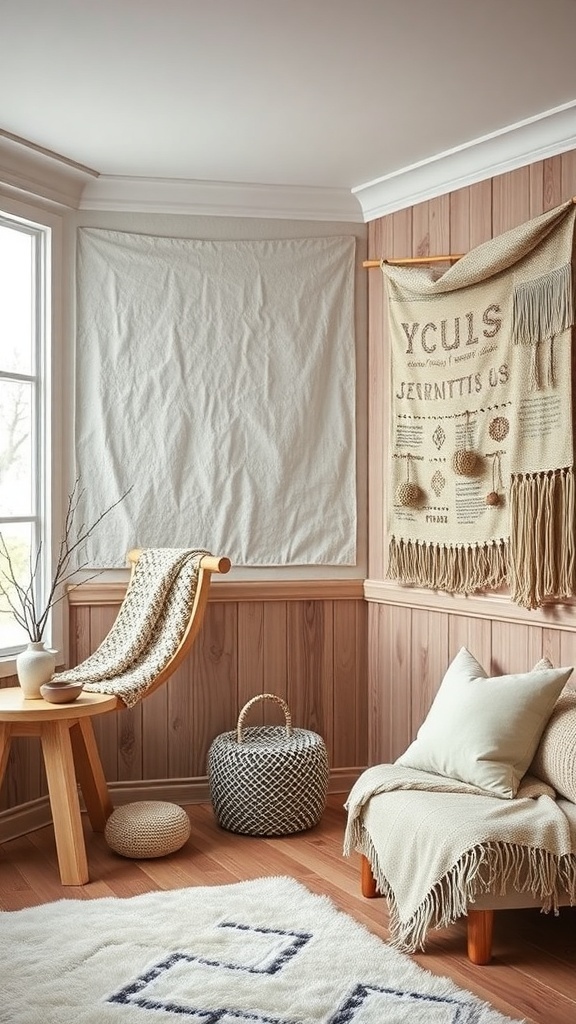 Cozy winter home decor featuring textured wall treatments, soft fabrics, and natural wood elements.