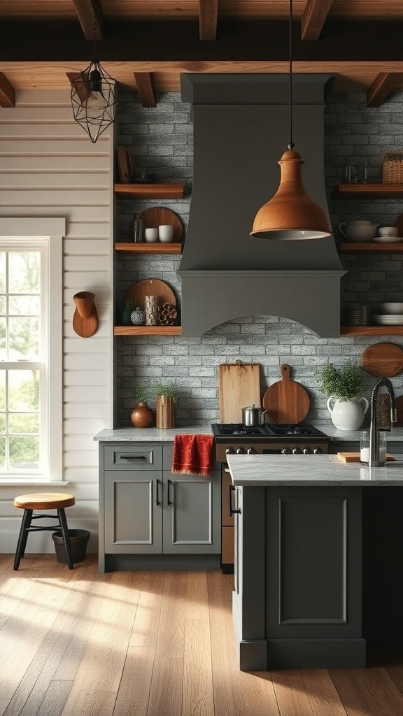 Moody farmhouse kitchen with textured wall treatments and warm lighting.