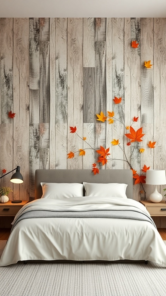 A cozy bedroom featuring a textured wood panel wall with autumn leaves, a comfortable bed, and warm lighting.