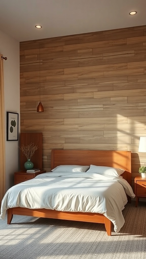 A cozy bedroom featuring a textured wooden wall, a wooden bed frame, and soft bedding.