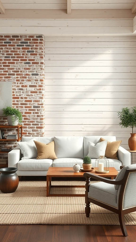 A cozy farmhouse living room featuring a textured brick wall and smooth wooden panels.