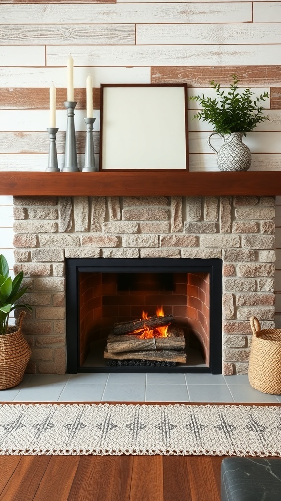 A modern farmhouse fireplace with a textured wall featuring wood and stone elements.