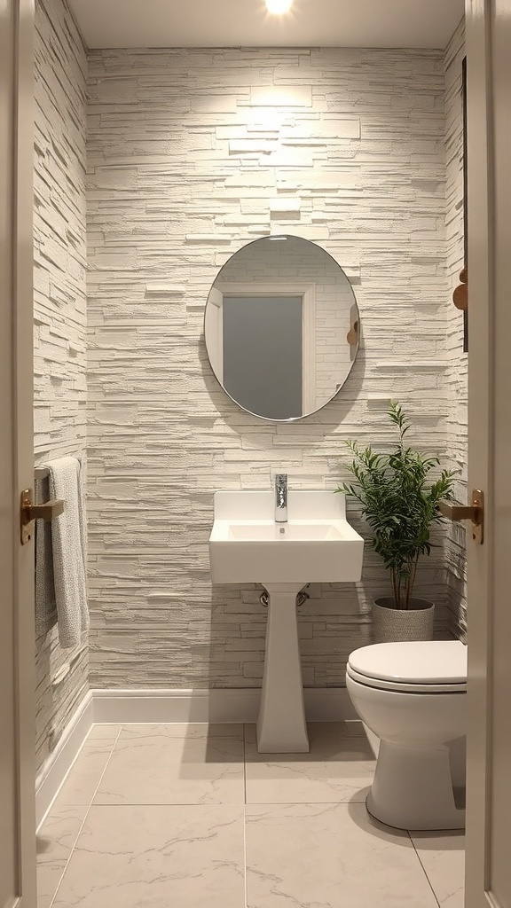 A modern bathroom with textured stone walls, a round mirror, a minimalist sink, and a touch of greenery.
