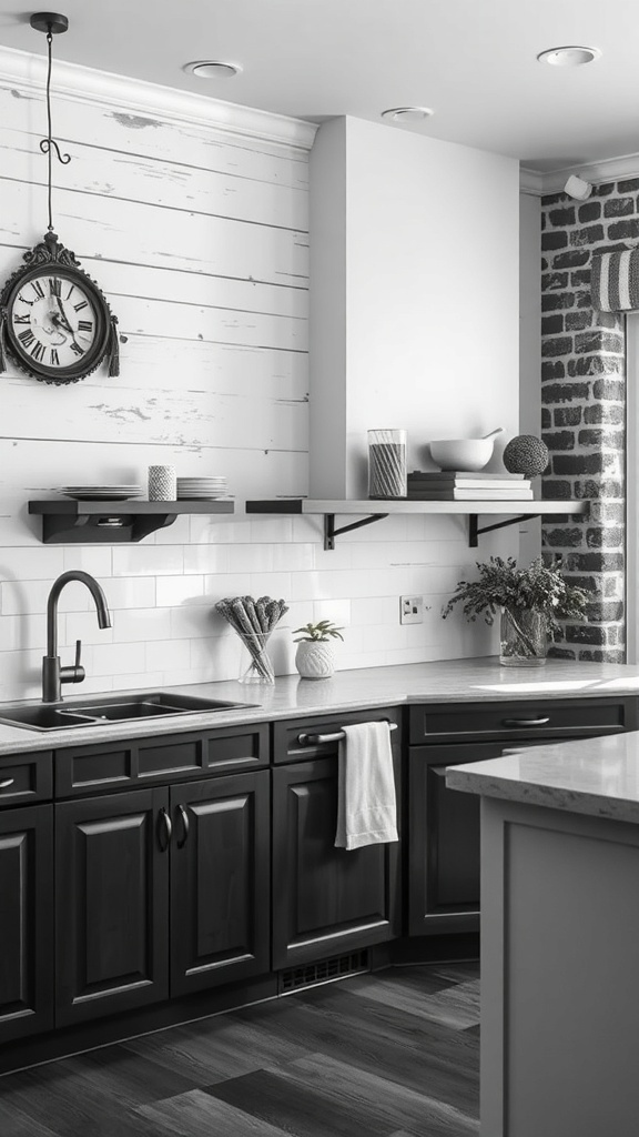 A black and white farmhouse kitchen featuring textured wall treatments.