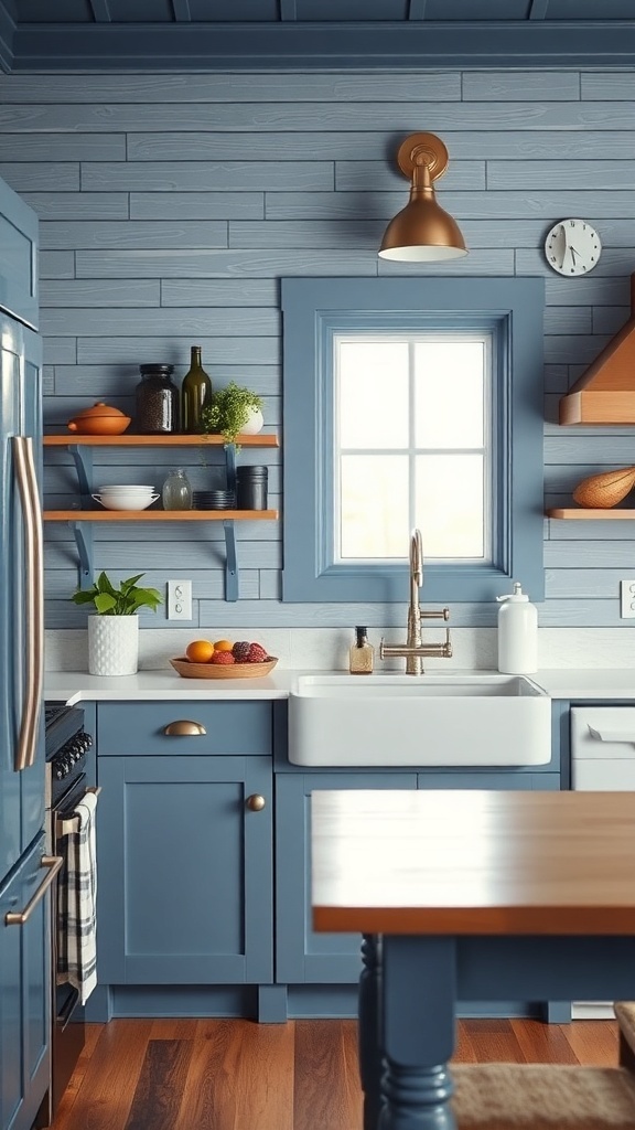 A blue farmhouse kitchen featuring textured wall treatments and warm wooden accents.