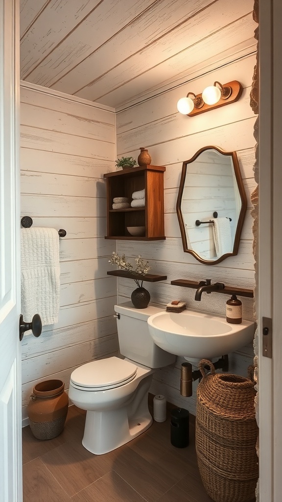 A rustic bathroom featuring textured walls, a modern sink, and wooden accents.