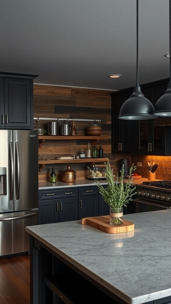 A dark rustic kitchen featuring textured wood wall treatments and modern appliances.