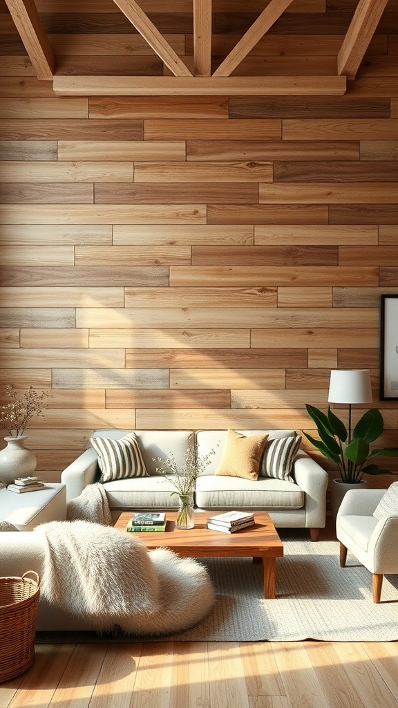 A rustic living room featuring wooden textured walls, a cozy sofa, and natural decor.