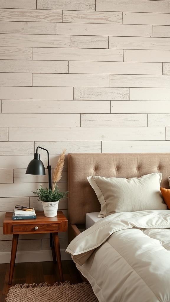 A modern rustic bedroom featuring a textured wood panel wall, a beige upholstered headboard, and a wooden nightstand with a lamp and plant.