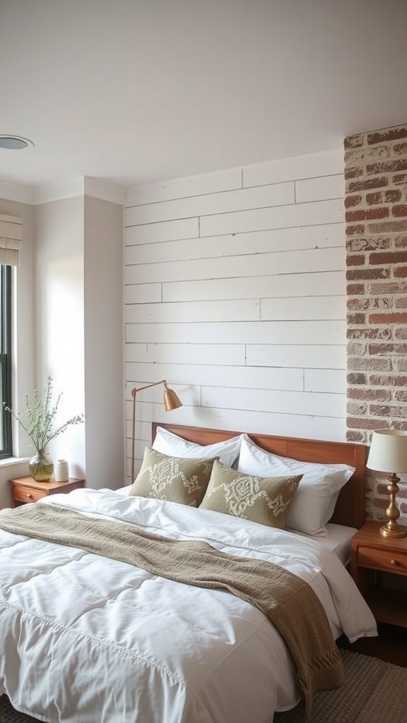 A cozy rustic farmhouse bedroom featuring a textured wall with shiplap and a brick accent.