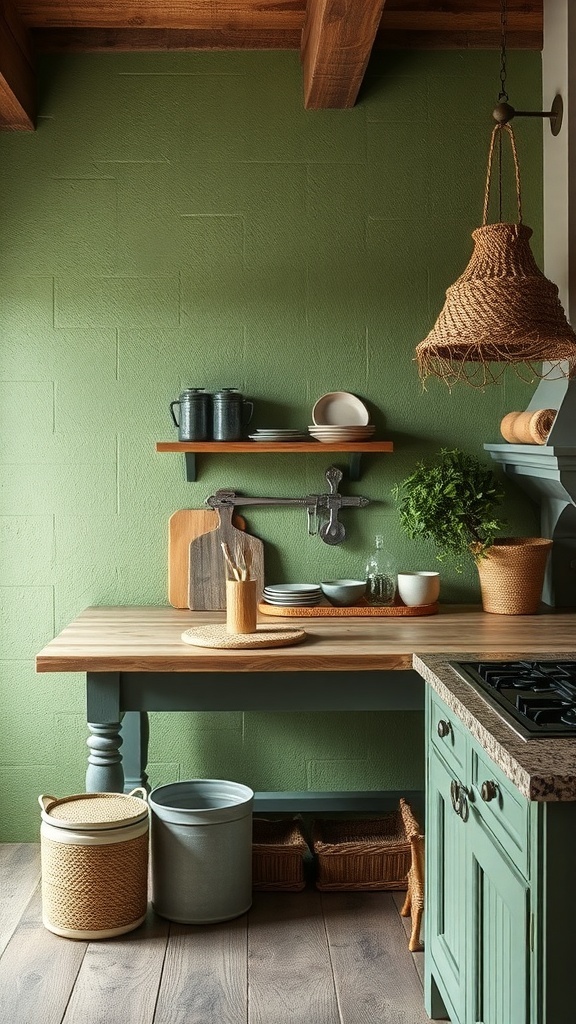 A rustic green kitchen with textured walls and wooden accents.