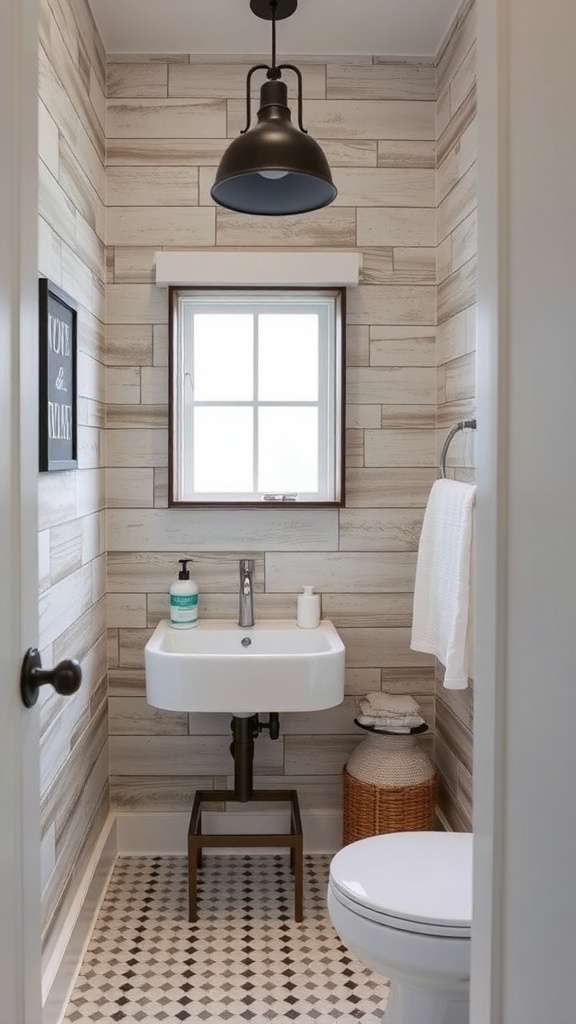 A small rustic bathroom featuring textured wood paneling, a modern sink, and a stylish light fixture.