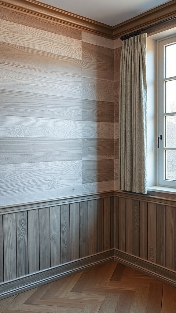 A cozy room with textured wooden walls and a window with curtains