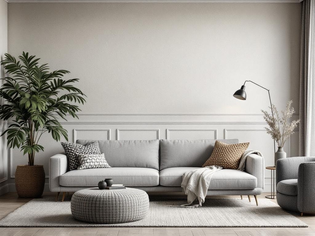 A cozy living room featuring a textured wall, a gray sofa with decorative pillows, a round ottoman, and a plant.