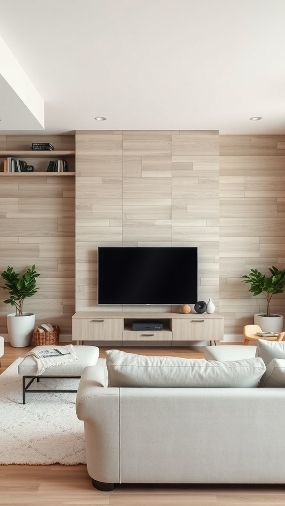 A modern living room with a textured wood panel wall, neutral furniture, and plants.