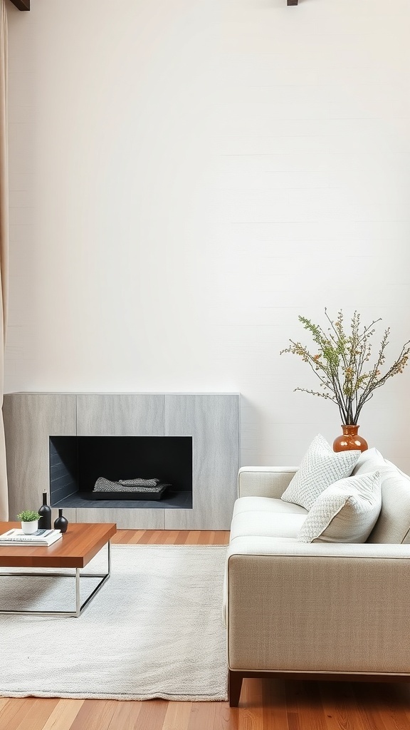 A soft neutral living space featuring a textured wall treatment with a modern fireplace and cozy furniture.