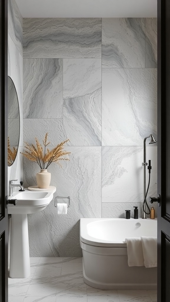 Modern bathroom with textured wall treatments and elegant design.