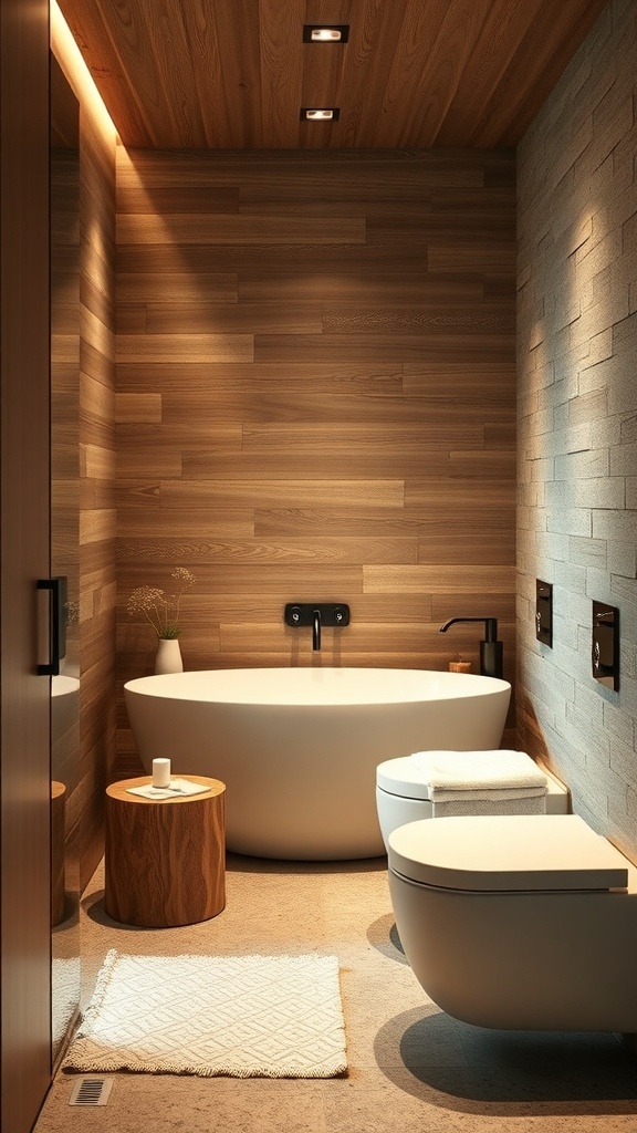A modern spa bathroom featuring textured wood and stone wall treatments.