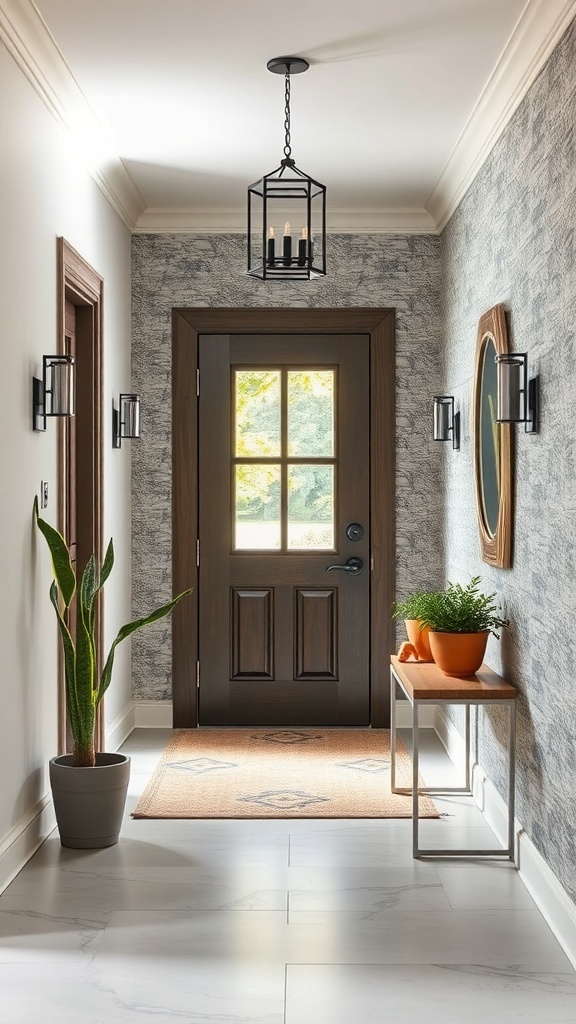 A stylish entryway featuring textured wall treatments, a wooden door, and decorative plants.
