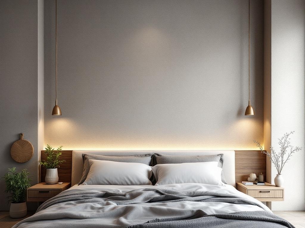 A modern bedroom featuring a textured wall with a built-in headboard, pendant lights, and decorative plants.