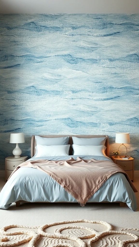A coastal bedroom featuring textured wallpaper that resembles ocean waves, with a cozy bed and soft color palette.