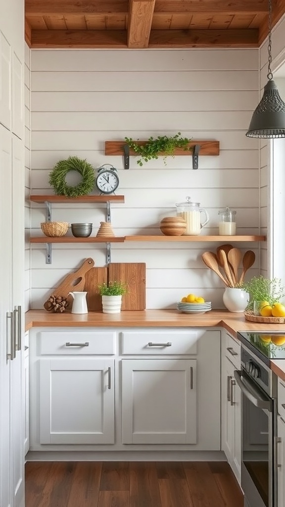 A cozy farmhouse kitchen with shiplap walls and wooden shelves.