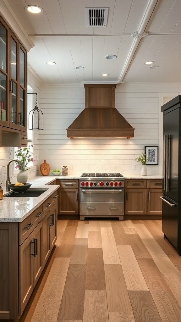 A luxury farmhouse kitchen featuring shiplap walls, wooden cabinets, and a modern stove.