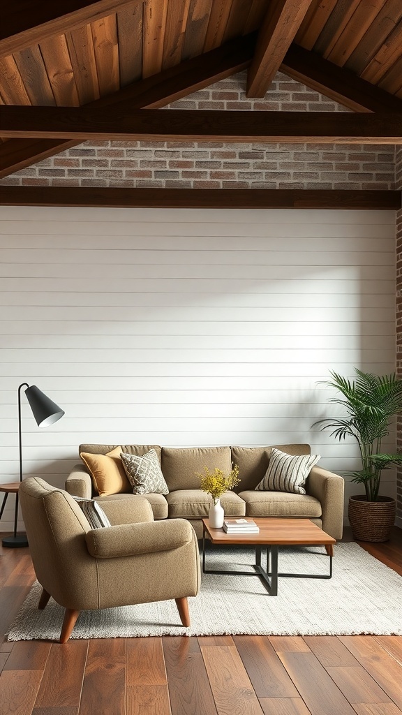 Cozy cottage living room with textured walls and warm furnishings.