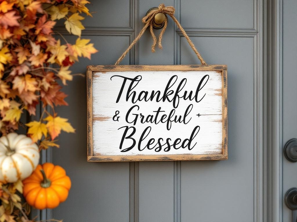 A wooden sign that reads 'Thankful Grateful Blessed' hanging on a door, surrounded by autumn leaves and pumpkins.