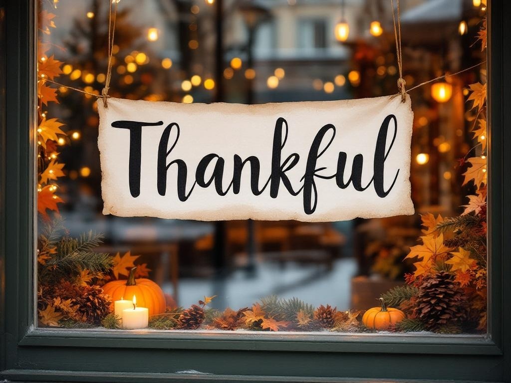 A window display featuring a banner that says 'Thankful', surrounded by autumn decorations like pumpkins and leaves.