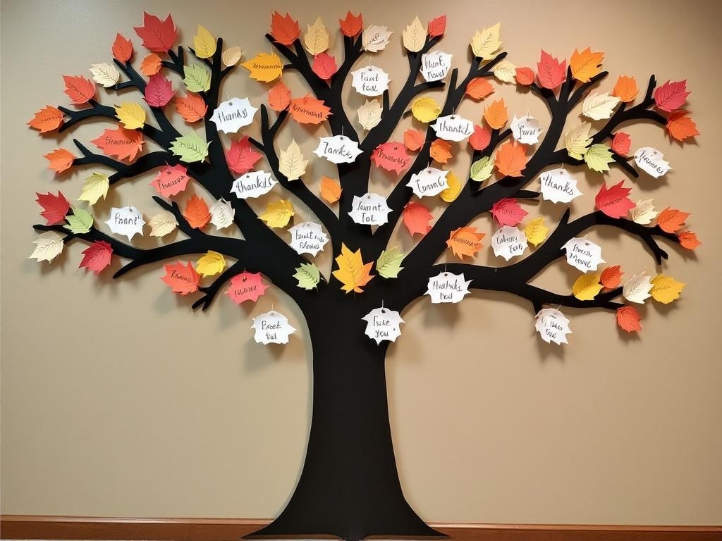 A colorful Thankful Tree display with paper leaves and messages of gratitude.