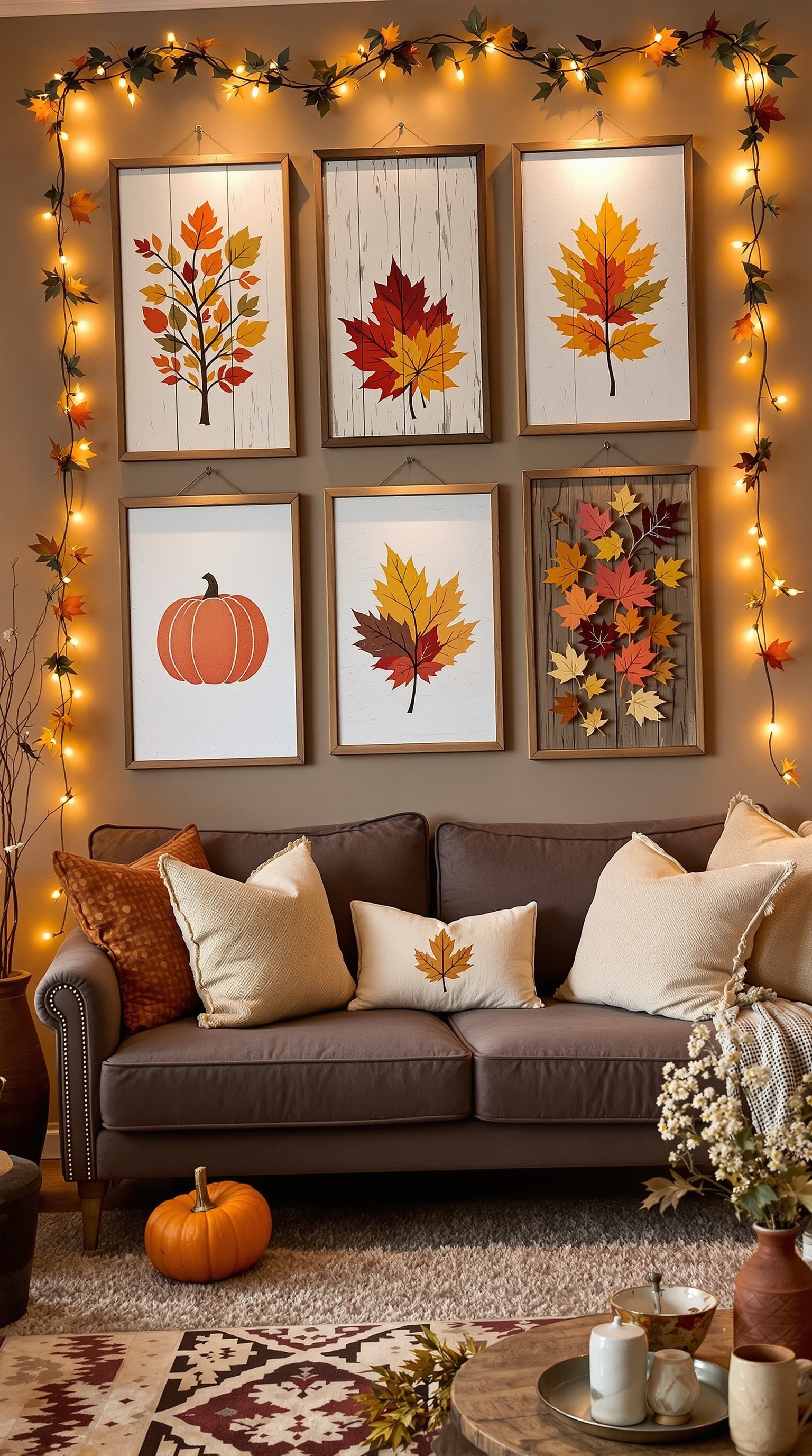A cozy living room with Thanksgiving-themed wall art and decorations.