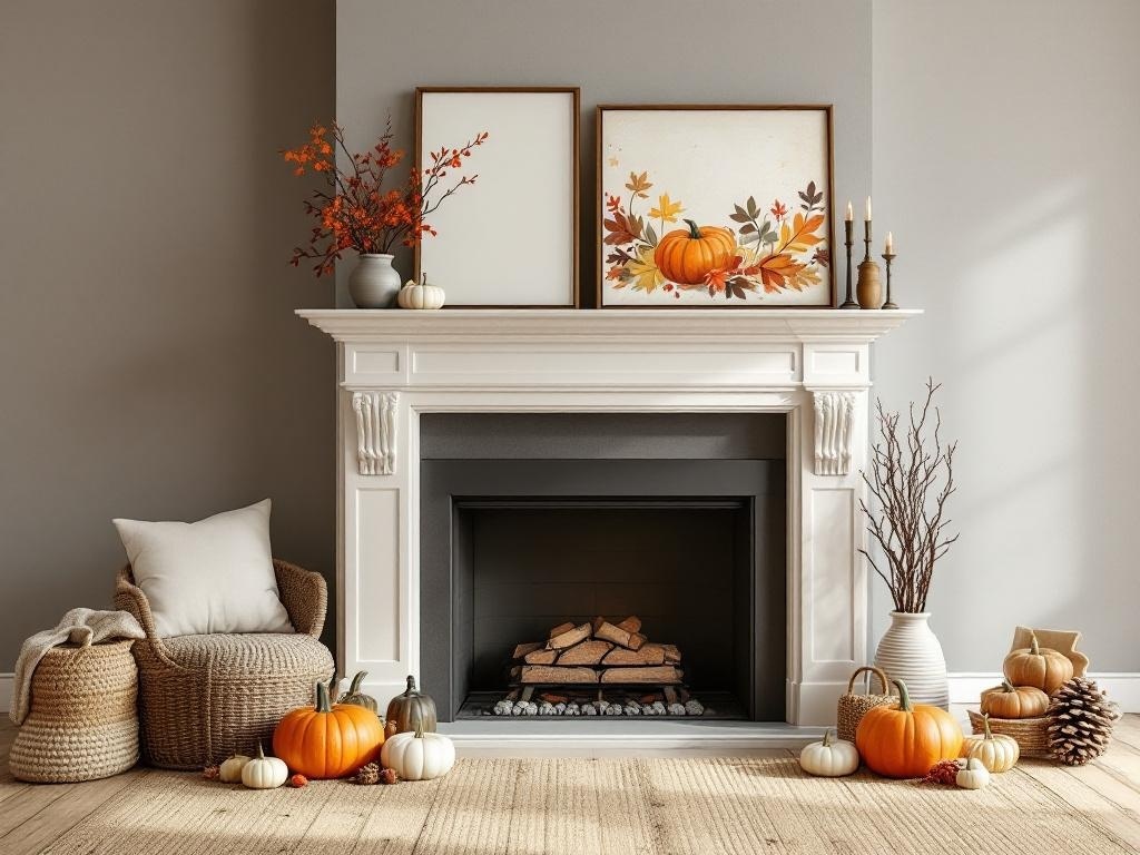 A beautifully decorated fireplace for Thanksgiving, featuring art pieces, pumpkins, and cozy seating.