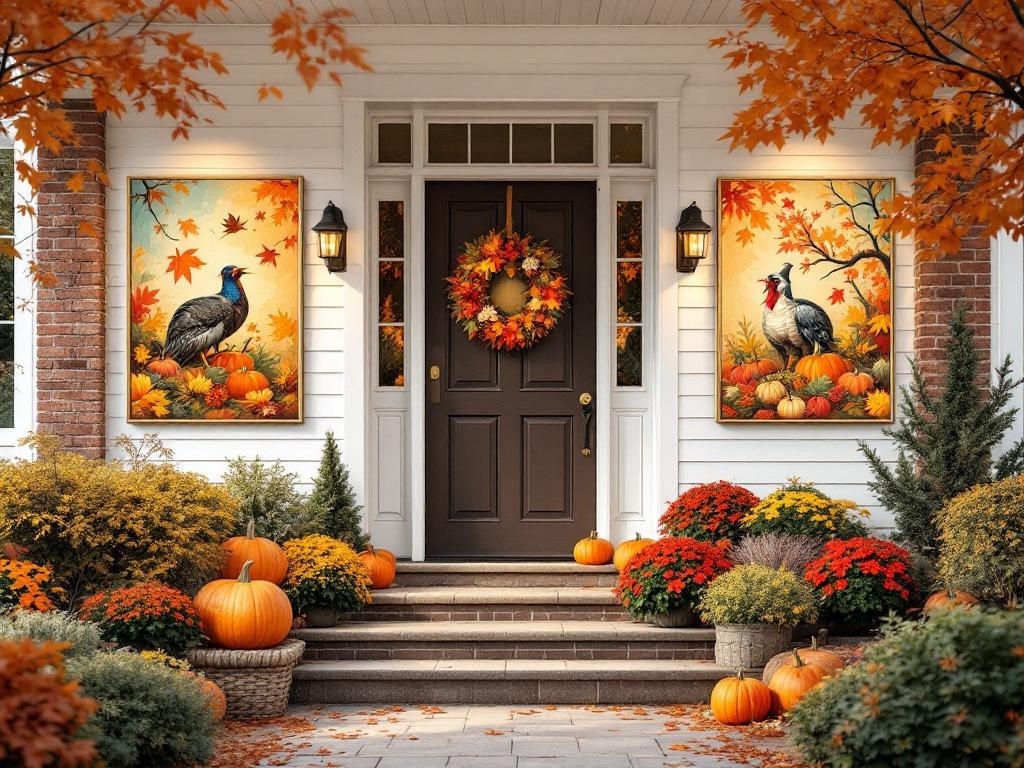 Thanksgiving-themed porch decor with turkey paintings, pumpkins, and autumn leaves