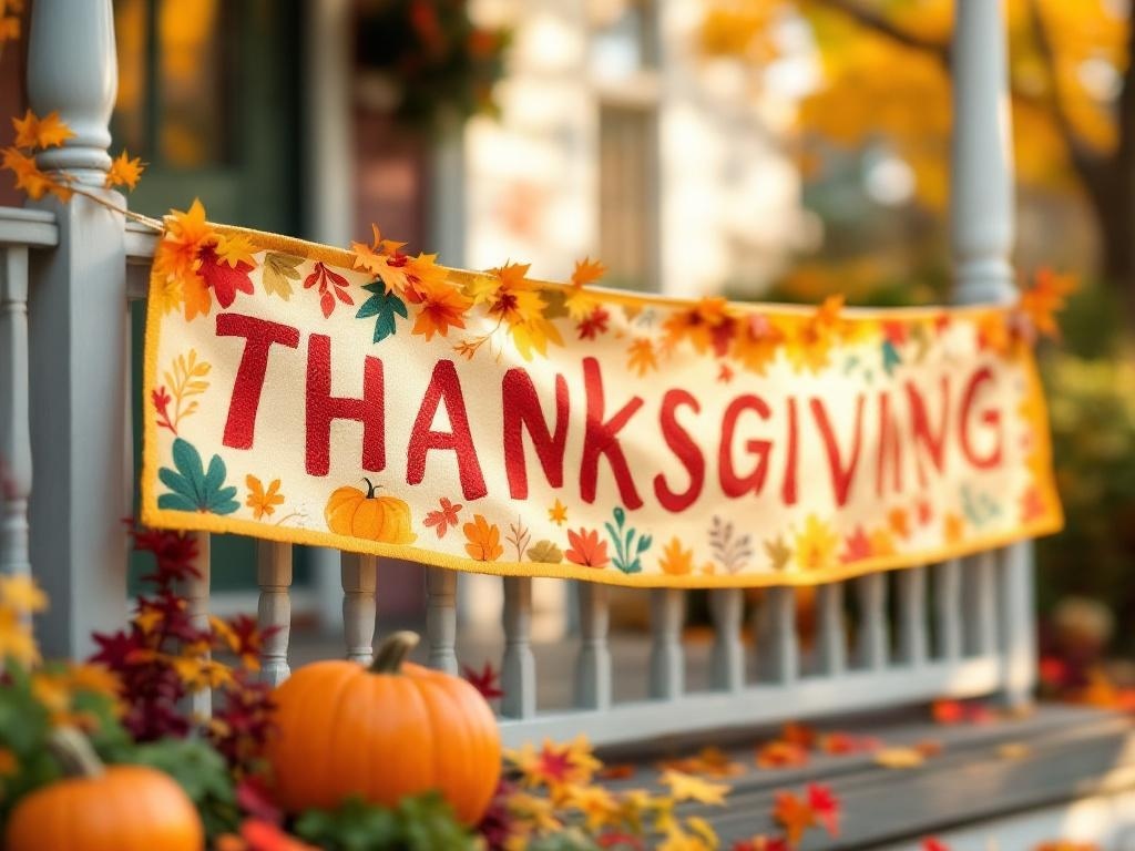 Thanksgiving-themed banner with colorful leaves and pumpkins